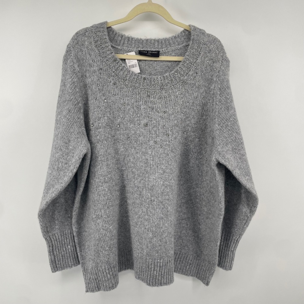Lane Bryant Sweater Womens 22/24 Gray Rhinestone Embellished Knit Pullover NWT